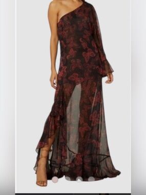 Misa Los Angeles Black Sheer One-Shoulder Paisley Maxi Dress